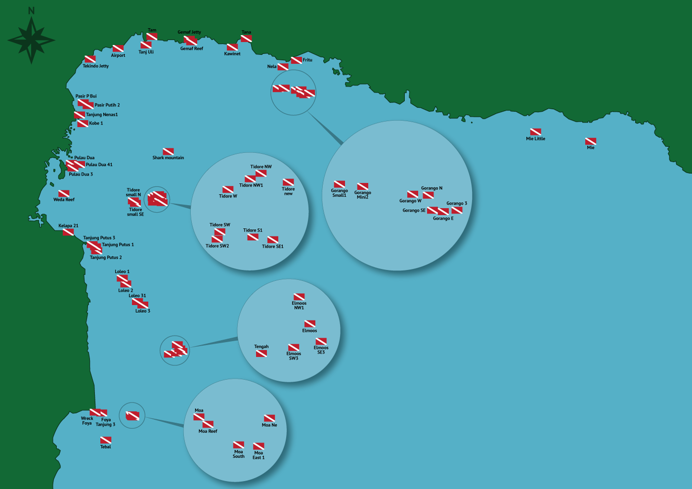 Dive site map of Weda Bay - Weda Reef & Rainforest Resort